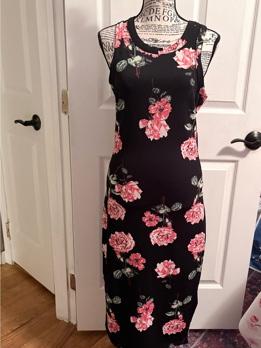 Derek Heart Black Midi Dress with Pink Rose Print